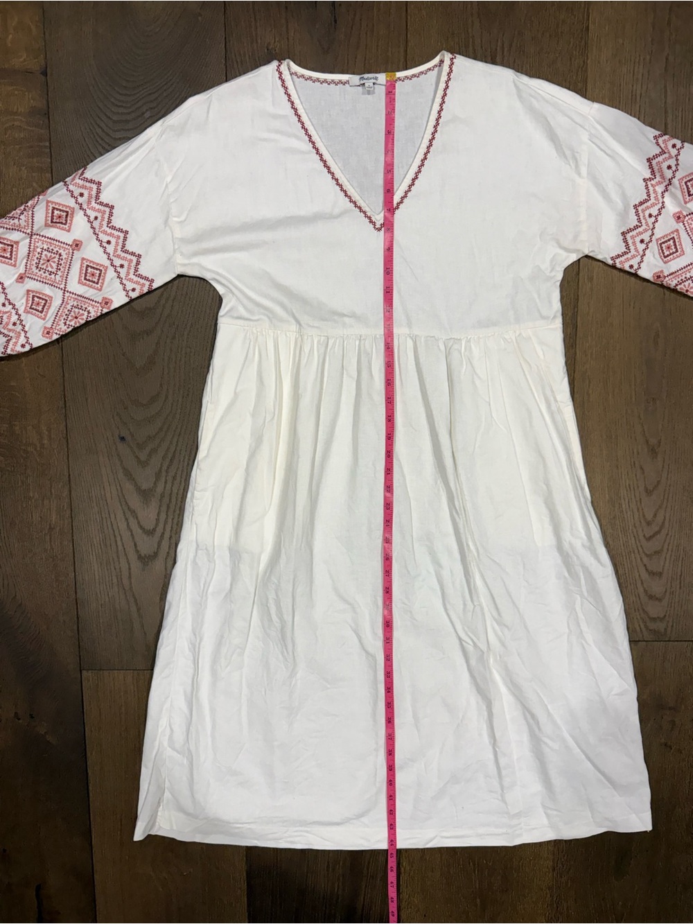 Madewell Embroidered-Sleeve Popover Linen Cotton Midi Dress White Rust Red - Picture 9 of 9